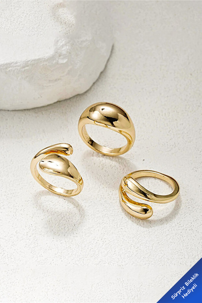 Si moda 3'lü Kombin Modern Dalga Formlu Gold Yüzük Seti