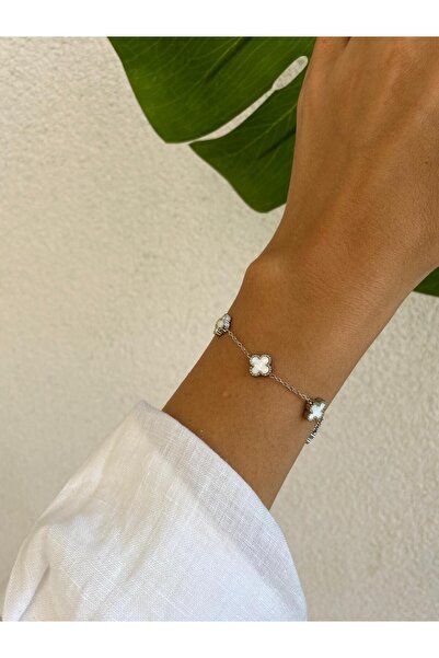staınless steel Silver Two-Way Clover Van Cleff Mini Size Steel Bracelet with White Stones