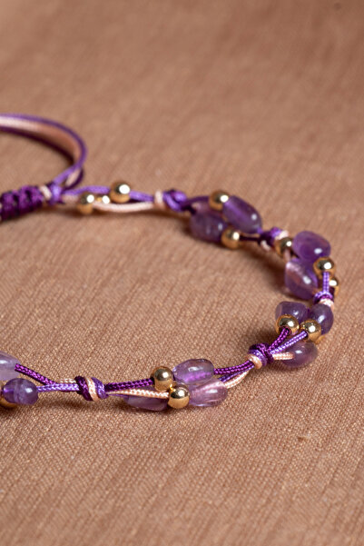 OSMANLI DEĞERLİ TAŞ Certified Natural Stone Amethyst-Hematite Natural Cut Macrame Bracelet Odt009
