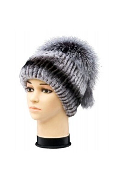 PFA CIOCARLAN ELENA Rex-chincila fur hat with polar fox sewn on the knit brim for women/youth CF045