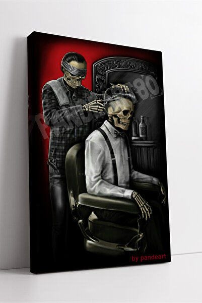 KOSS Dijital Gotik Berber İllüstrasyonu Kafatası Temalı Retro Barbershop Sana...