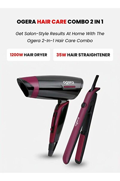 Ogera 2-in-1 Hair Care Combo OG2900HDS - 1200W Dryer & 35W Ceramic Straightener, Red & Black