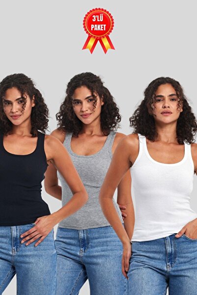 COMEOR Women's Black-Grey-White Corded Fabric Look Strappy Thick 2-Piece Basic Undershirt