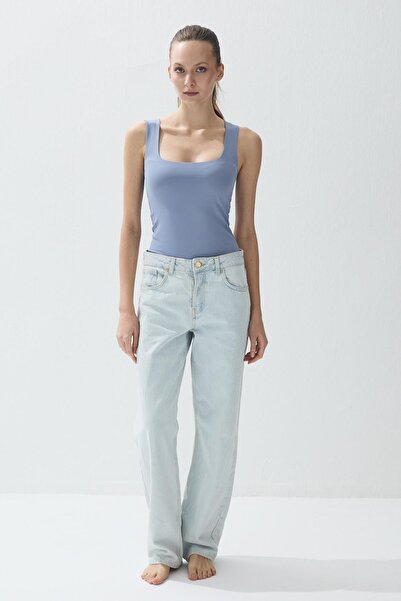 TUBİA Body pentru femei albastru deschis cu decolteu pătrat nasturi