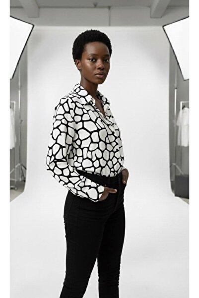 BRGCLOTHING Chiffon Satin Fabric Animal Pattern Shirt Black White