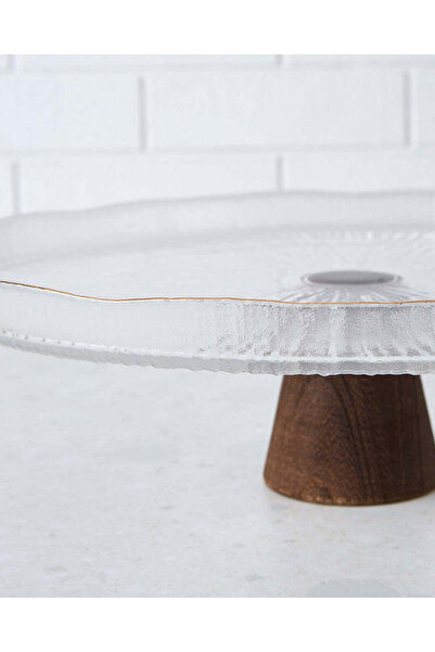 REDTAG Clear And Brown Glass Cake Plate With Wooden Stand