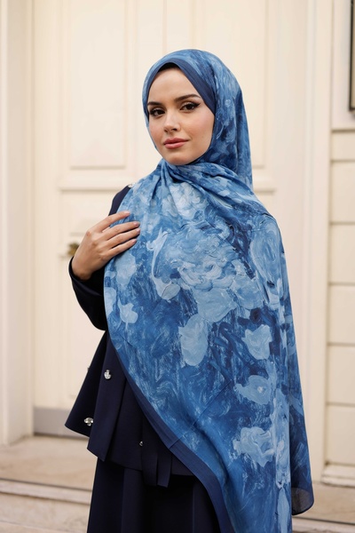 ipekistanbul 100% Organic Cotton Shawl - Rose Pattern - Blue