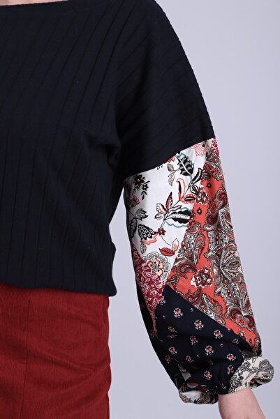 armonika Women's Dark Navy Blue Sleeve Patterned Balloon Knit Sweater Arm-20K081001