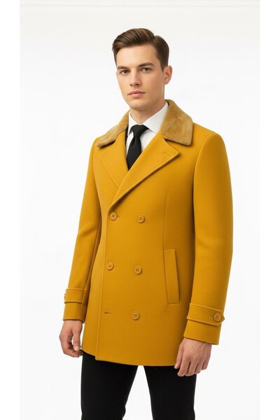 Plus Scorpion Men's Fur Collar Cashmere Coat – Slim Fit Double Breasted Winter Coat