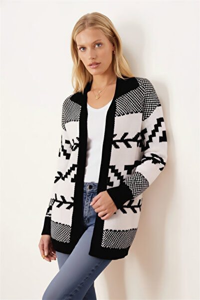 armonika Women's Black Patterned Knitwear Cardigan Arm-26K136076