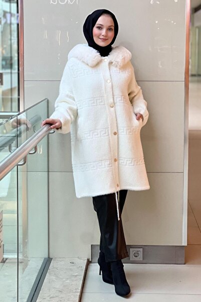 Ghisa Hooded Front Snap Fastener Grek Patterned Coat