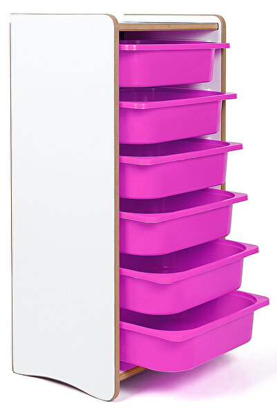 BEEVOLİ Montessori Tarzı Beyaz MDF 6 Lila Çekmeceli Oyuncak ve Kitap Dolabı