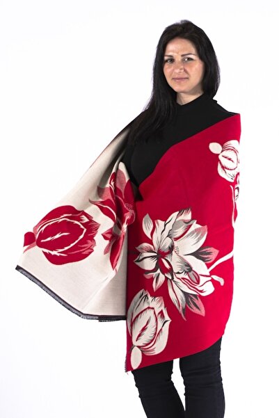 L-line fashion - Women's shawl, red/beige, double-sided, floral, 190x65 cm