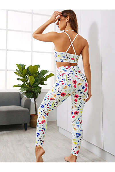 FridayIn Female Sports Round neck Flowers Slim Pants suit