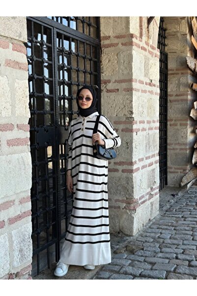 Müq Çizgili Polo Yaka Oversize Uzun Triko Elbise- Ekru