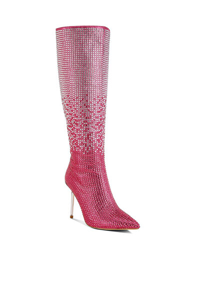 london Rag Women Shiny Rhinestone Studded Calf Boots in Pink