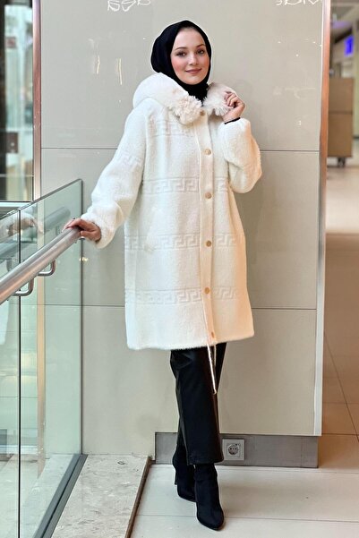 Ghisa Hooded Front Snap Fastener Grek Patterned Coat