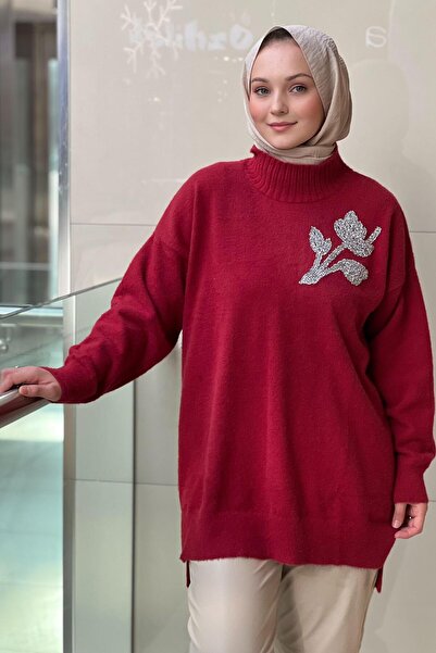 Nuss Zero Neckline Tulip Stone Embroidered Angora Tunic