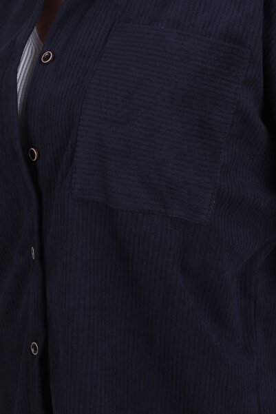 armonika Women's Navy Blue Pocket Oversized Slim F Corded Fabric Velvet Shirt Arm-24K001076