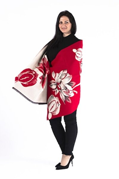 L-line fashion - Women's shawl, red/beige, double-sided, floral, 190x65 cm