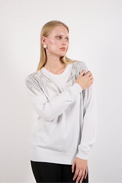 Clothes Fast Women's White Shoulder Embroidered Round Neck Knitwear Blouse