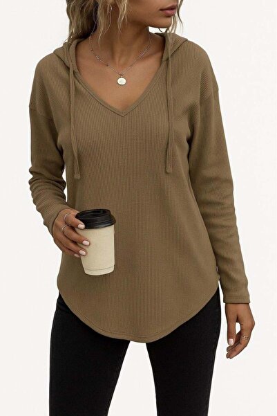 GENCULUS Women's Long Sleeve V Neck Hooded Waffle Blouse