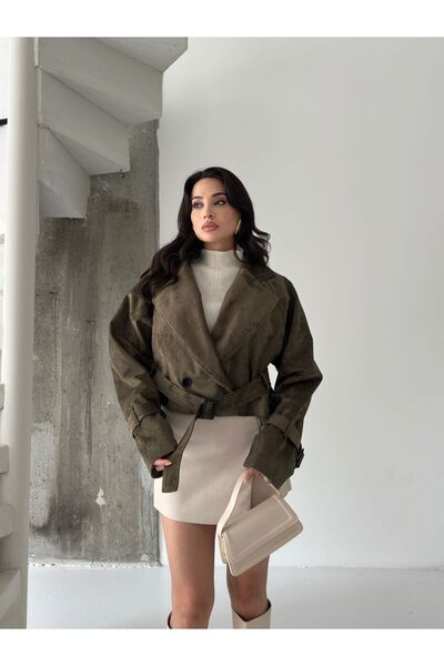 timagna Kadın Süet Kısa Trençkot Premium Kalite Kuşaklı Ceket Yeni Sezon Dış ...