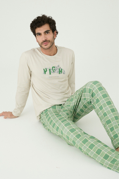 İPEKTENİM Renkli Yazı Ve Desen Baskılı Ekoseli Erkek Pijama Takımı