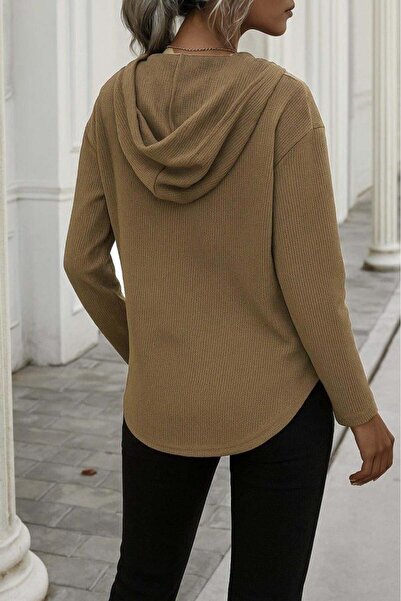 GENCULUS Women's Long Sleeve V Neck Hooded Waffle Blouse