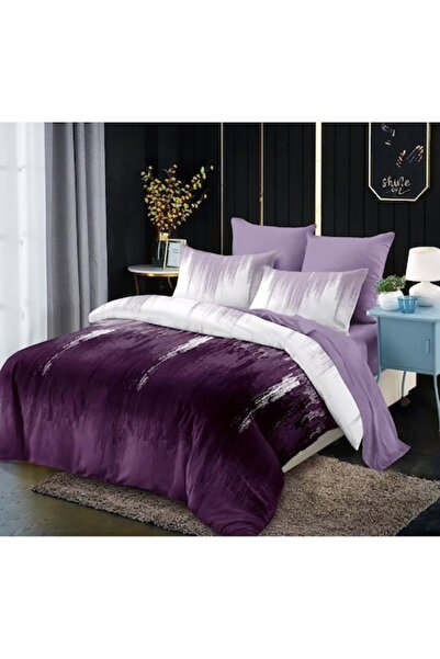 MHR Vintage rubber bed linen, 6-piece, feather print, 180 x 200 cm, multicolor / purple