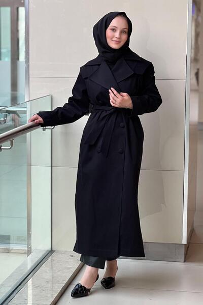 Nuss Double-Breasted Full Length Trench Coat with Collar and Belt Slit