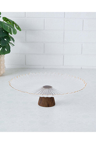 REDTAG Gold Glass Cake Plate With Wooden Stand