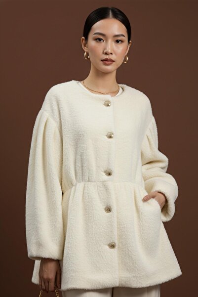 Loreen Women's Front Buttoned Waist Detailed Plush Coat -20723Kbn - Ecru