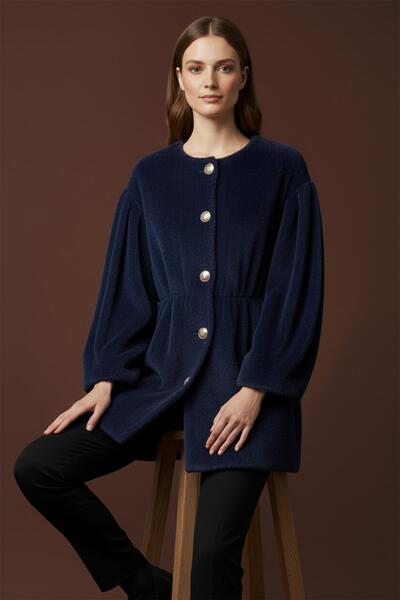 Loreen Women's Front Buttoned Waist Detailed Plush Coat -20723Kbn - Navy