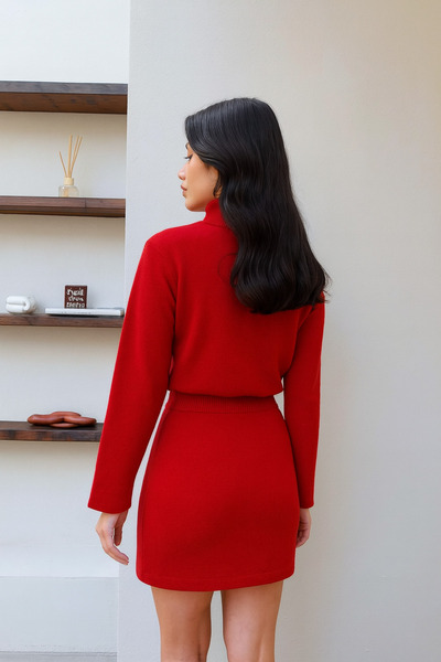 Ramior Women's Knitwear Two-Piece Set – Half Turtleneck Sweater & Mini Skirt Combination – Red