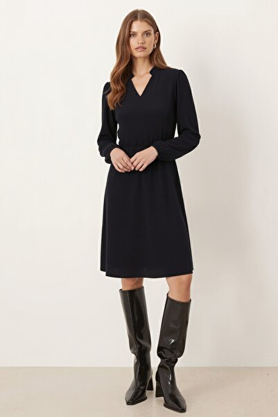 armonika Women's Anthracite Velvet V-Neck Elastic Waist Slim F Corded Fabric Flared Dress Arm-25K001049