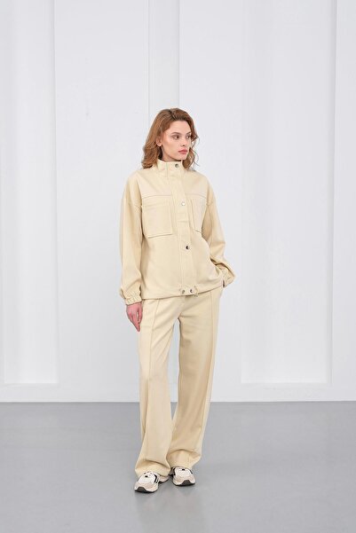 Basicpark Yellow Women's Pique Textured Waist Adjustable Oversized Jacket Pants Set