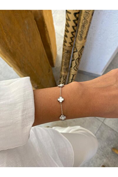 staınless steel Silver Two-Way Clover Van Cleff Mini Size Steel Bracelet with White Stones