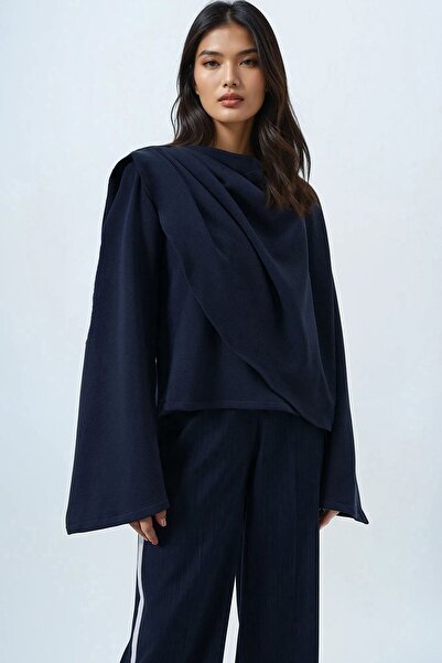 Trend Alaçatı Stili Жіноча темно-синя блузка з велосипедним коміром, з вбудов...