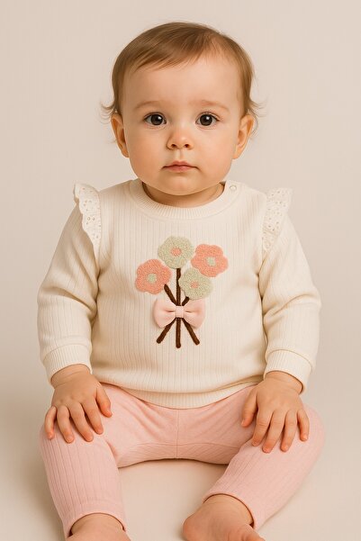 dinamik çocuk Baby Girl Süzene Daisy Bowknot 2-Piece Top and Bottom Set - Ribbed 2-Thread Seasonal 3-6-9-12 Months