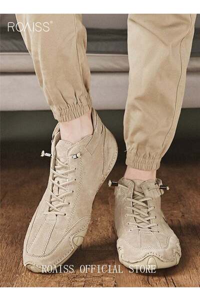 ROAISS حذاء رجالي كاجوال من الجلد الناعم برباط للكاحل ومضاد للانزلاق للمشي من...