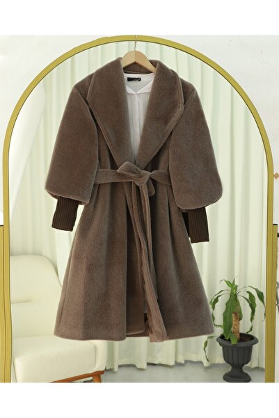 Modamorfo Ribbed Sleeve Shawl Collar Lined Cashmere Coat -Toprak