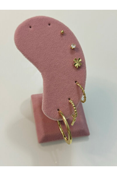 Harlofia Jewelry Gold Yonca Detaylı 6’lı Küpe Seti