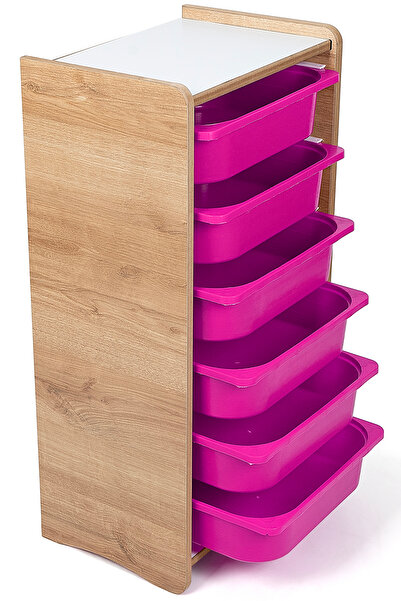 BEEVOLİ Montessori Tarzı Ceviz MDF 6 Lila Çekmeceli Oyuncak ve Kitap Dolabı