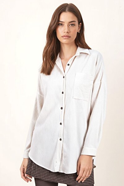 armonika Women's White Pocket Oversized Slim F Corded Fabric Velvet Shirt Arm-24K001076
