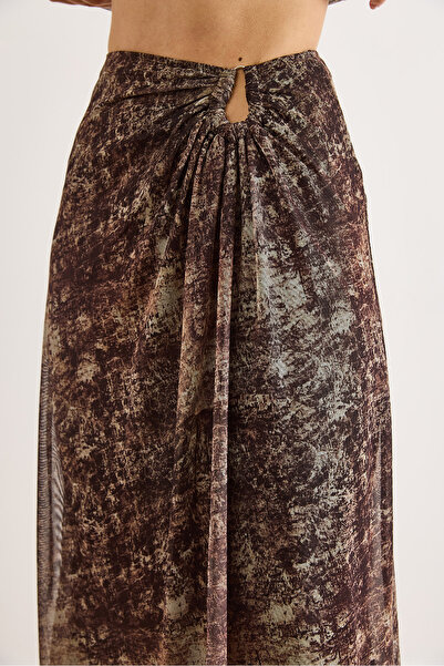 Olalook Women's Brown Lined Midi Skirt with Waist Accessory Detail Etk-19000371