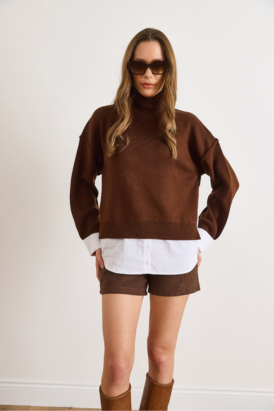 Olalook Women's Brown Shirt Detailed Mock Neck Knitwear Sweater Kzk-19001086