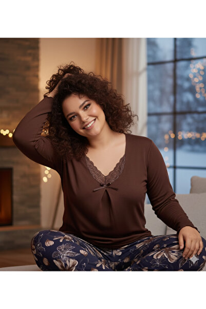 Miss Meryem Kahverengi Ring Viskon Dantel Detaylı Uzun Kol Büyük Beden Pijama...