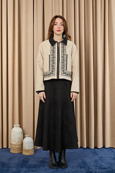 Loreen Γυναικείο Κοντό Παλτό με Κέντημα - 20719CKT - ΜΠΕΙΓΚΕ-ΜΑΥΡΟ