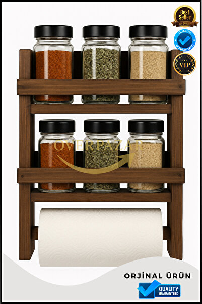 Overbazaar Wooden Wall-Mounted Spice Rack and Paper Towel Holder Organizer with Shelf, Natural Solid Wood Kitchen Organizer